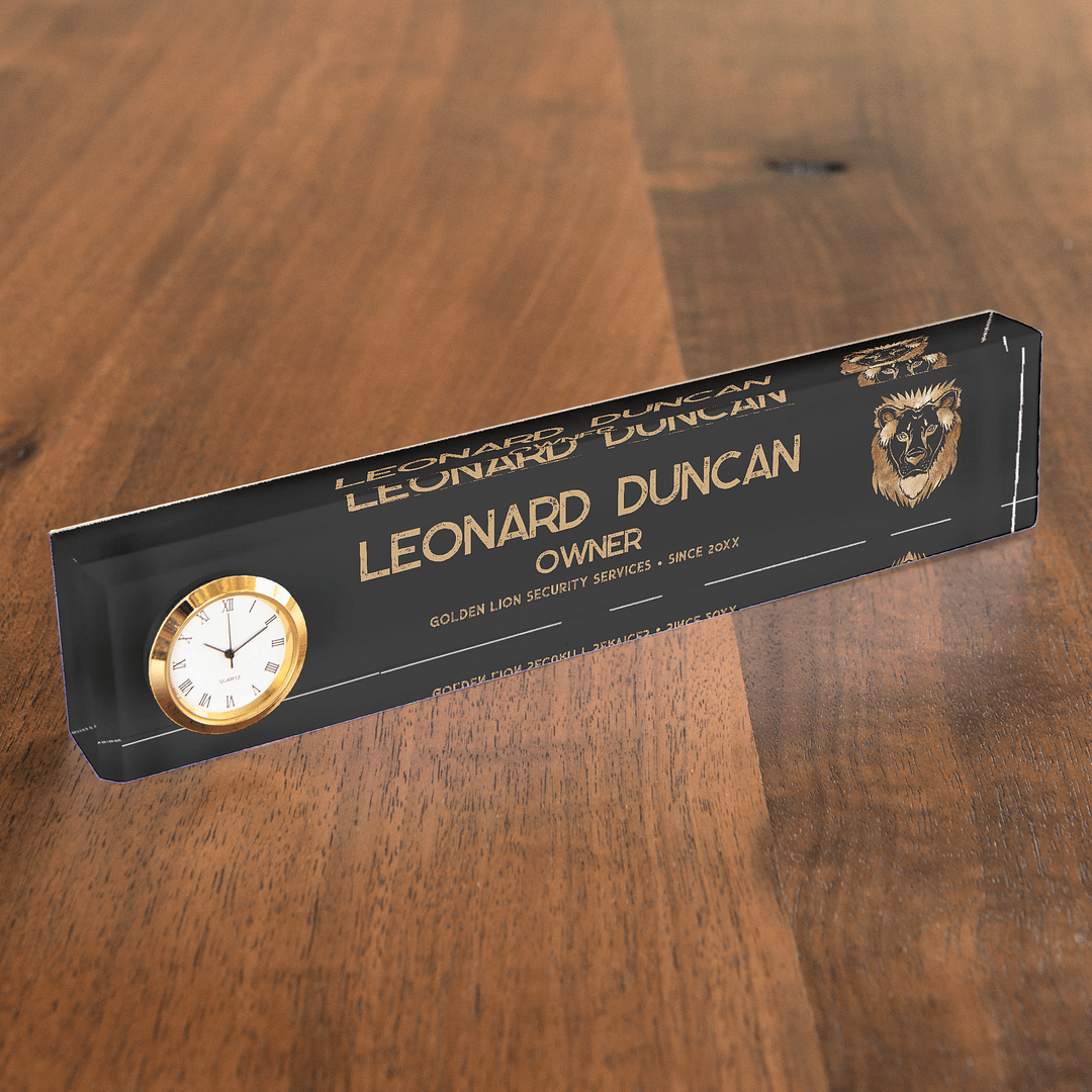 Luxe Black Gold Lion Business Logo Tagline Desk Name Plate