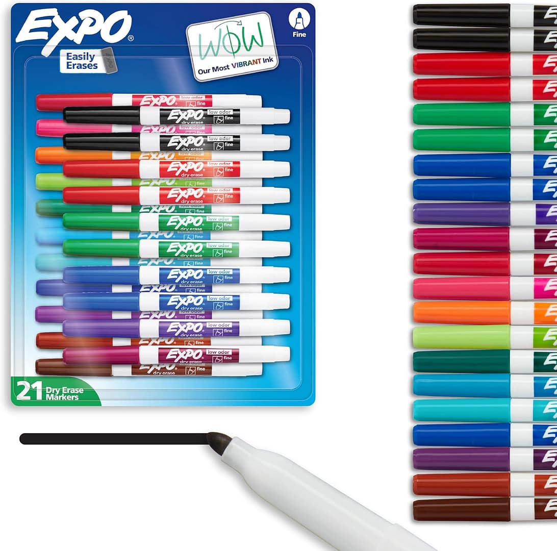 EXPO Dry Erase Markers, Whiteboard Markers with Low Odor Ink, Fine Tip, Assorted Vibrant Colors, 21 Count