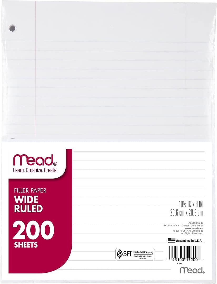 Mead Loose Leaf Paper, Wide Ruled Filler Notebook Paper, 8″ x 10-1/2″, 200 Sheets, Fits 3-Ring Binder (15200)
