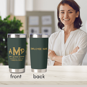 Custom insulated tumbler personalized with employee name and 3 letter monogram letter business monogram